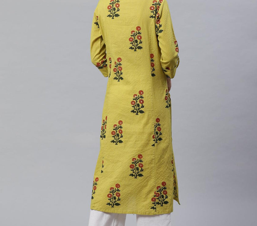 Divena Lemon Yellow Straight Cotton Kurta - divena world