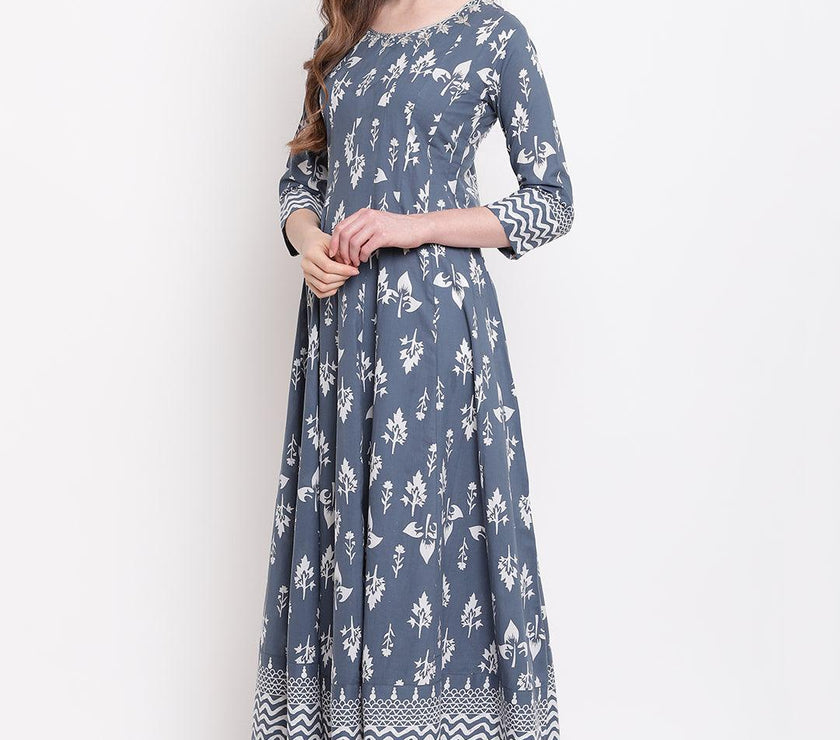 Divena Grey Cotton Gotta Patti Work Anarkali Kurta - divena world