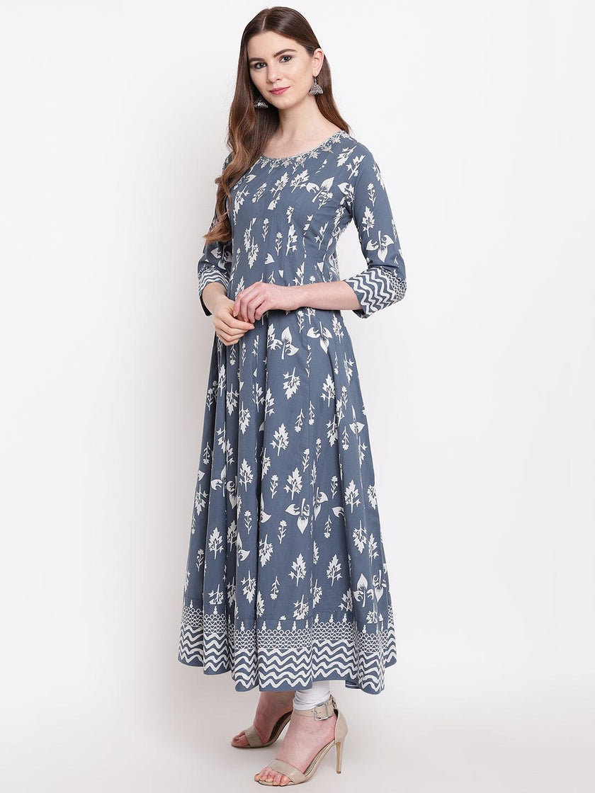 Divena Grey Cotton Gotta Patti Work Anarkali Kurta - divena world