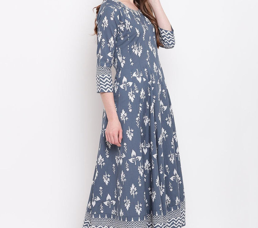 Divena Grey Cotton Gotta Patti Work Anarkali Kurta - divena world