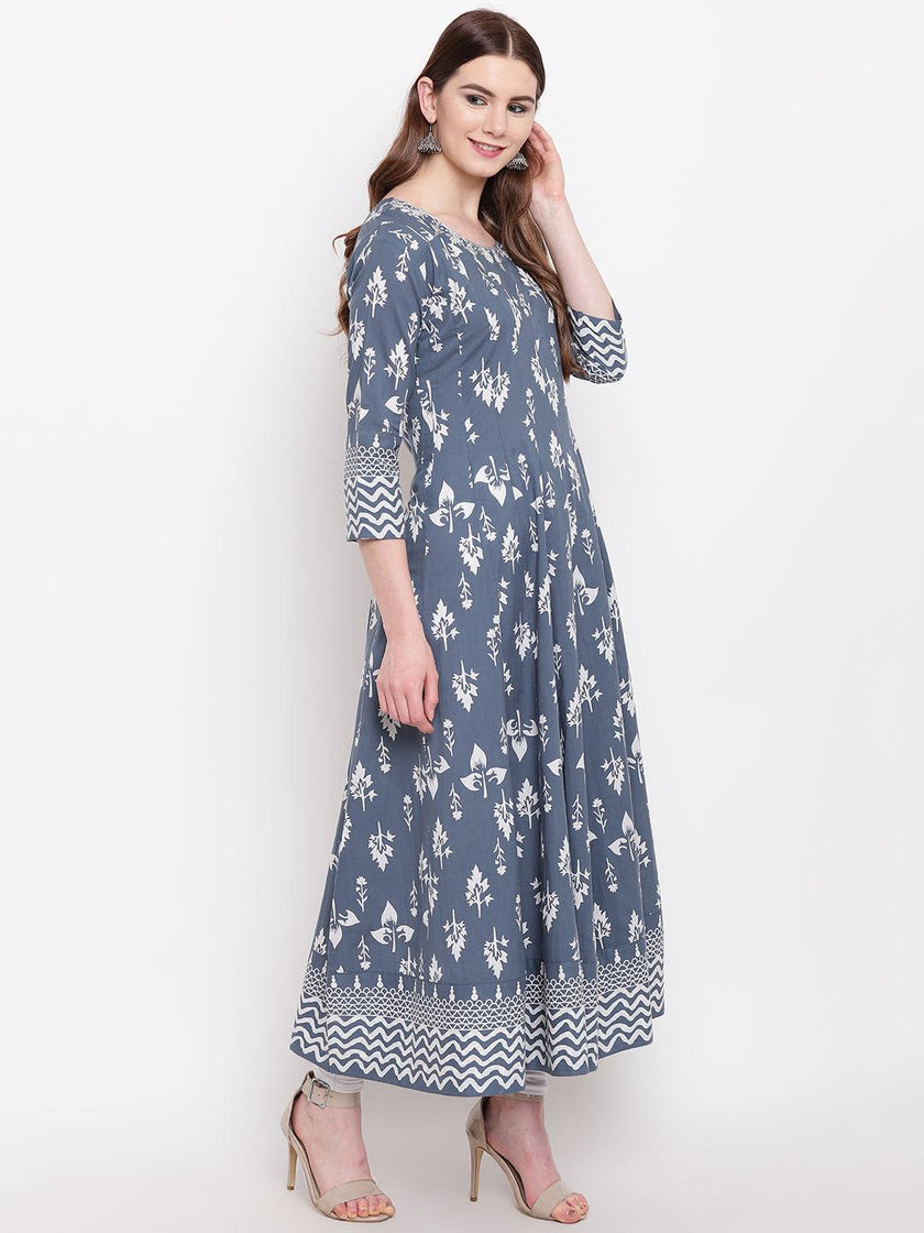 Divena Grey Cotton Gotta Patti Work Anarkali Kurta - divena world