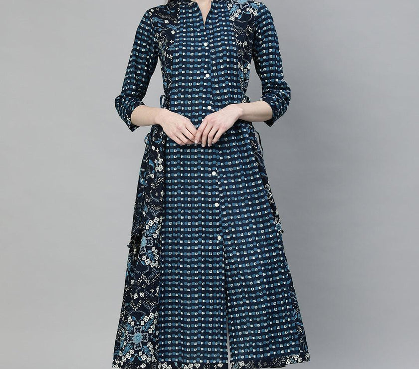 Divena Navy Blue Printed A- Line Kurta - divena world