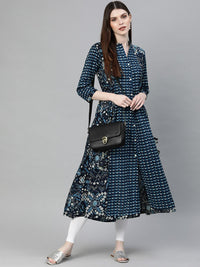 Divena Navy Blue Printed A- Line Kurta - divena world