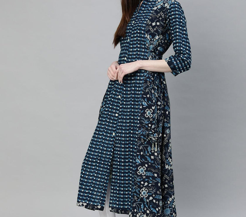 Divena Navy Blue Printed A- Line Kurta - divena world