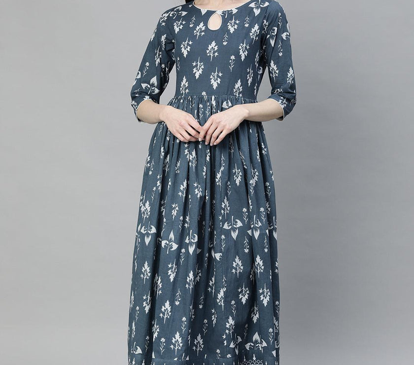 Divena Grey Floor Length Cotton Kurta - divena world