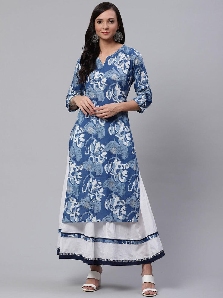 Divena Blue Cotton Kurta With Mulmul Sharara - divena world