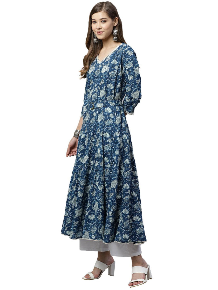 Divena Indigo Flaired Kurta With Belt - divena world