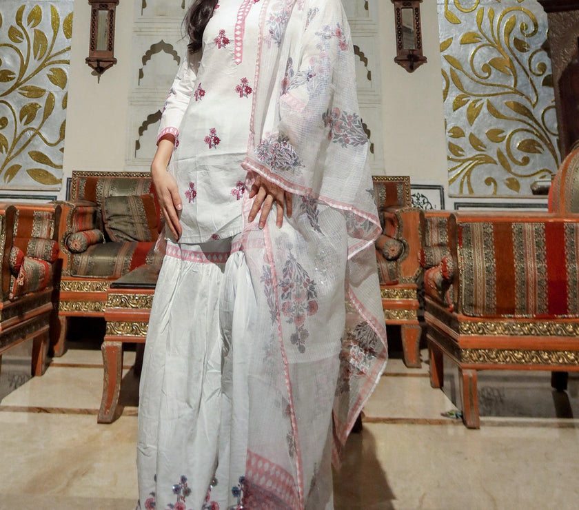 Divena White Cotton Kurti Sharara With Kota Dori Dupatta - divenaworld.com