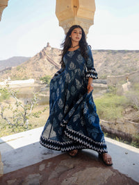 Divena Blue Long Cotton Anarkali - divenaworld.com