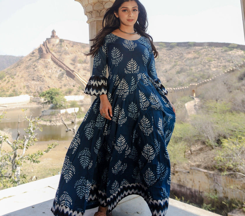 Divena Blue Long Cotton Anarkali - divenaworld.com