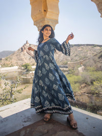 Divena Blue Long Cotton Anarkali - divenaworld.com