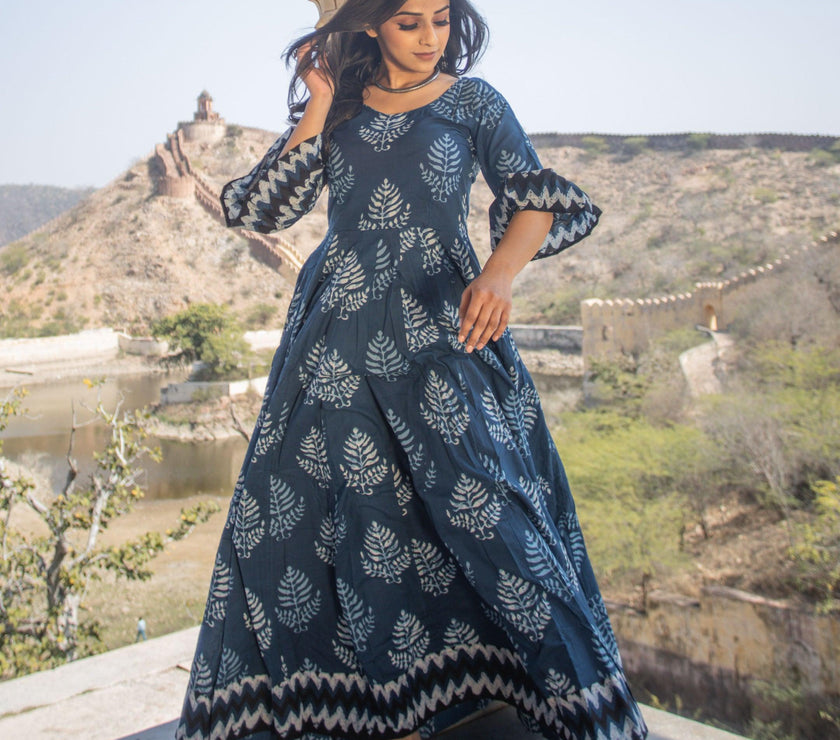 Divena Blue Long Cotton Anarkali - divenaworld.com