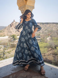 Divena Blue Long Cotton Anarkali - divenaworld.com