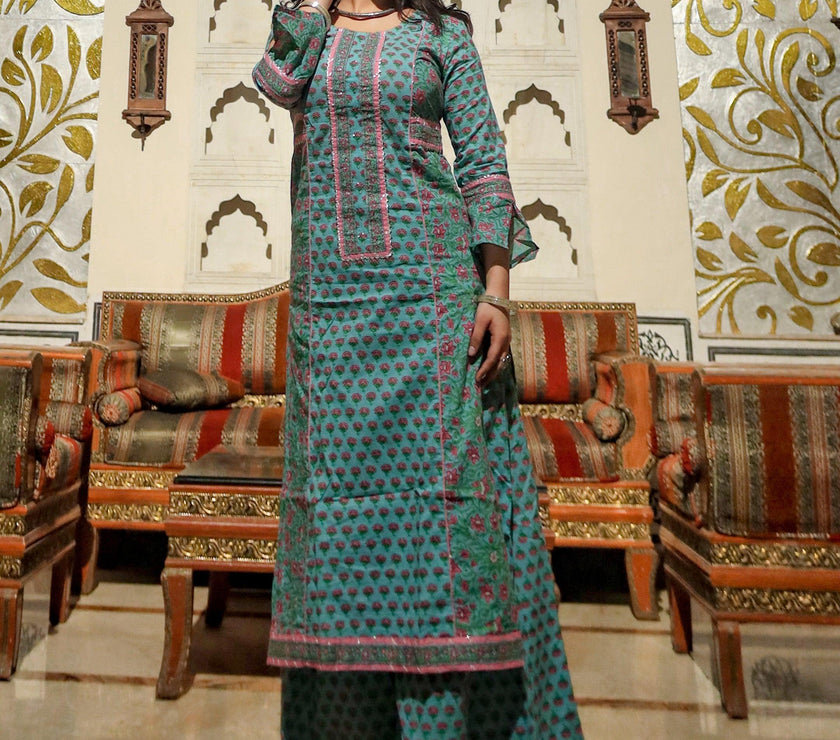 Divena Blue Printed Straight Kurti With Palazzo - divenaworld.com