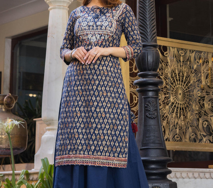 Divena Navy Blue Cotton Gota Patti Palazzo Set - divenaworld.com