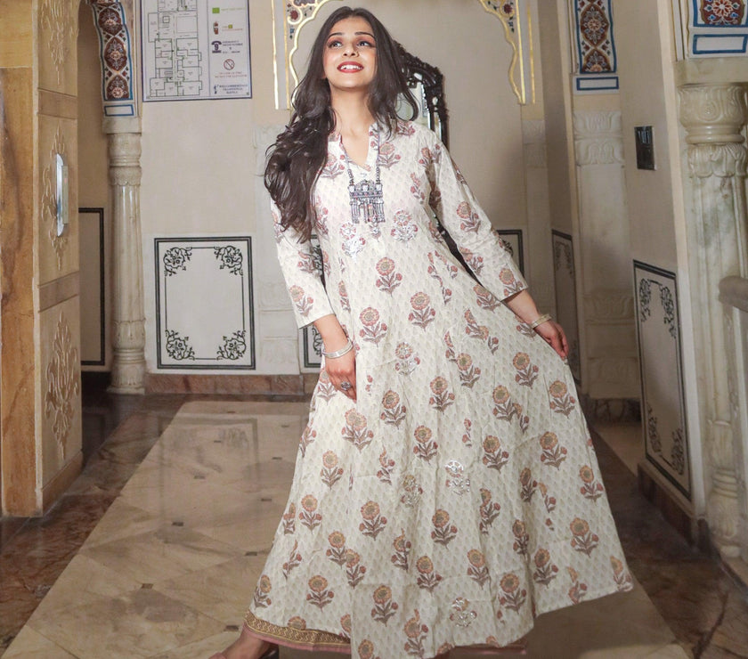 Divena ivory white self print cotton kurti with palazzo set - divenaworld.com