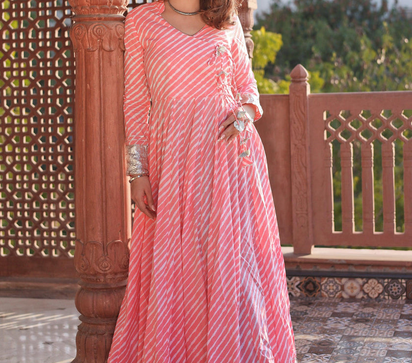 Divena Pink Leheriya Cotton Anarkali With Copper Lace - divenaworld.com