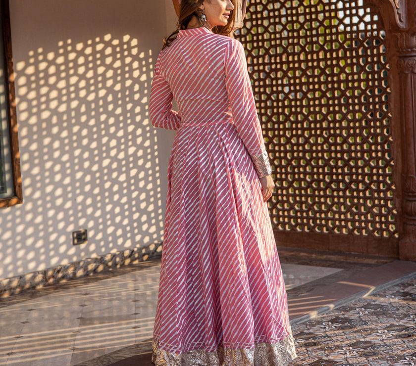 Divena Pink Leheriya Cotton Anarkali With Copper Lace - divenaworld.com