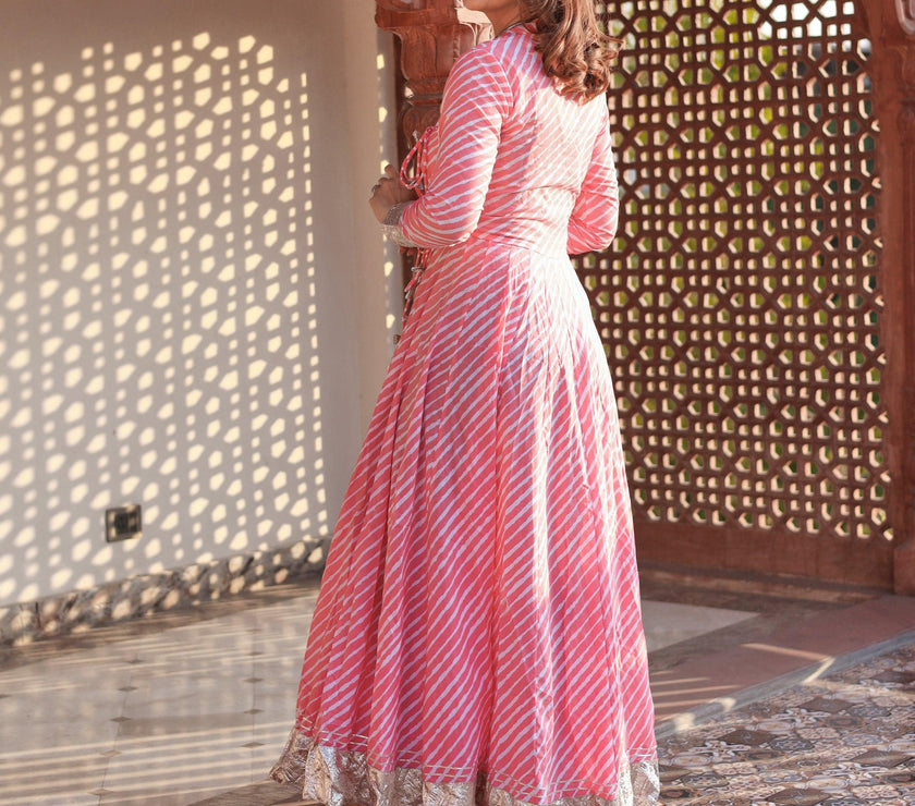 Divena Pink Leheriya Cotton Anarkali With Copper Lace - divenaworld.com