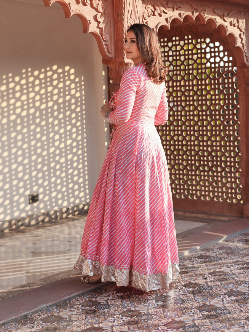 Divena Pink Leheriya Cotton Anarkali With Copper Lace - divenaworld.com