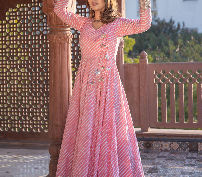 Divena Pink Leheriya Cotton Anarkali With Copper Lace - divenaworld.com