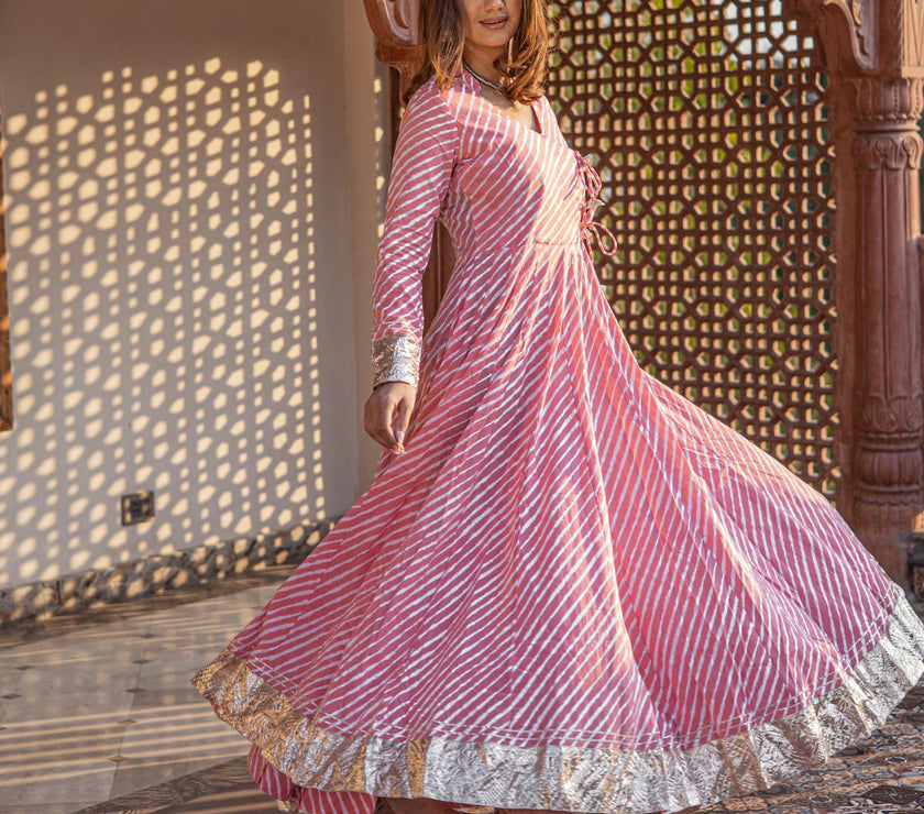 Divena Pink Leheriya Cotton Anarkali With Copper Lace - divenaworld.com