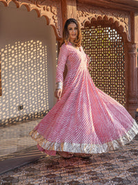 Divena Pink Leheriya Cotton Anarkali With Copper Lace - divenaworld.com