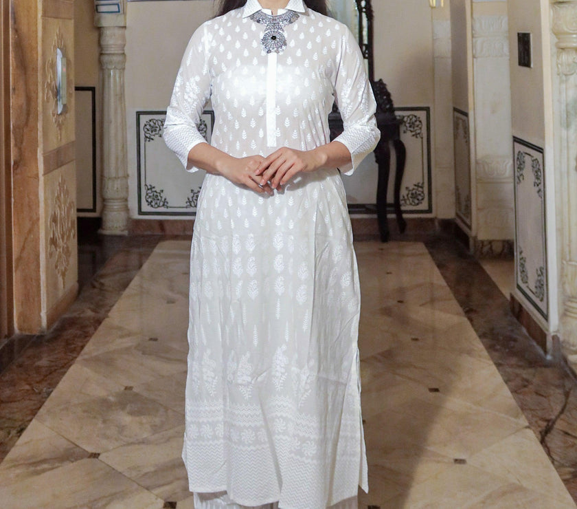 Divena White Printed Cotton Kurti With Palazzo - divenaworld.com