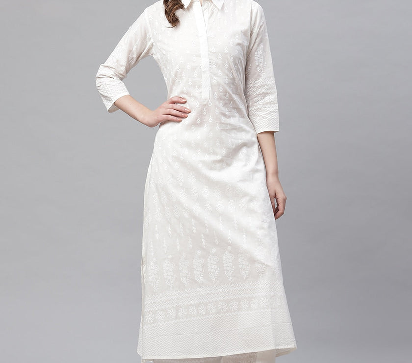 Divena White Khari Print Cotton Kurti With Palazzo Set