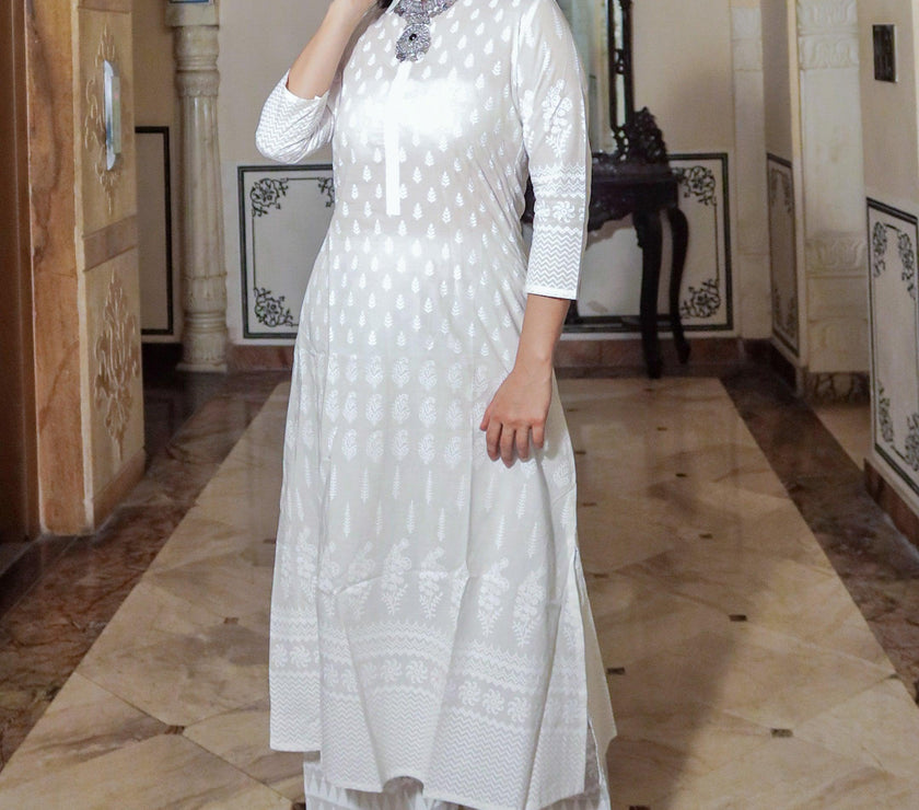 Divena White Printed Cotton Kurti With Palazzo - divenaworld.com