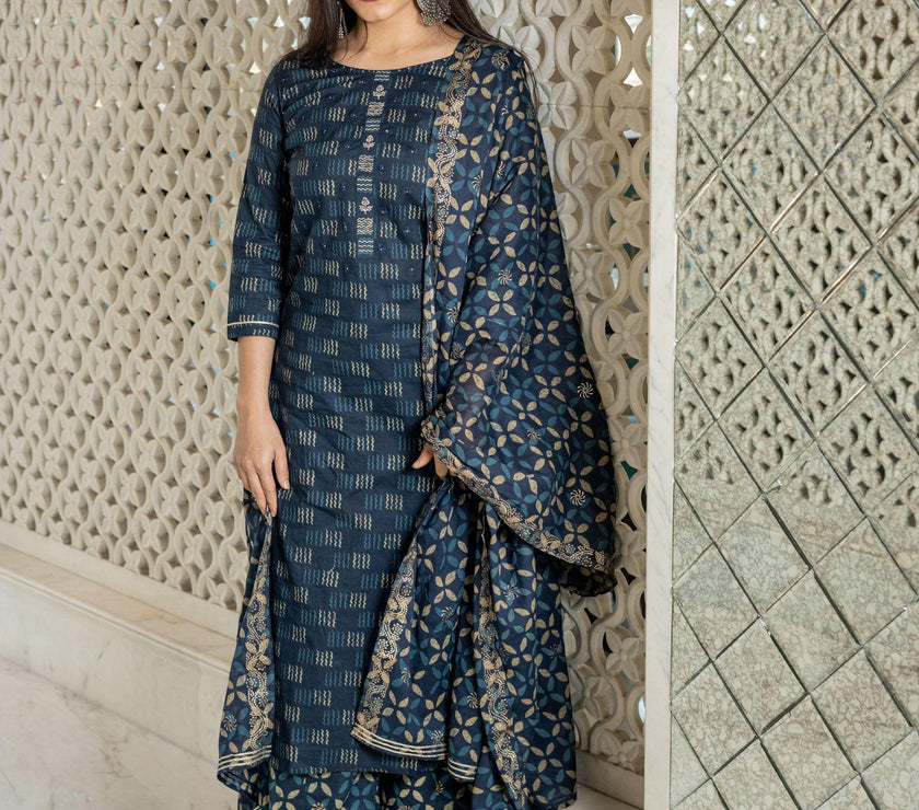 Divena Indigo Kurta Set With Palazzo and Dupatta - divenaworld.com