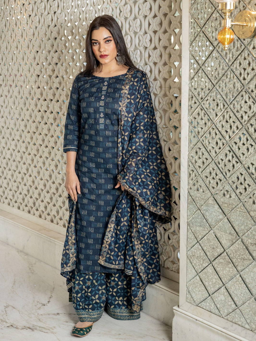 Divena Indigo Kurta Set With Palazzo and Dupatta - divenaworld.com