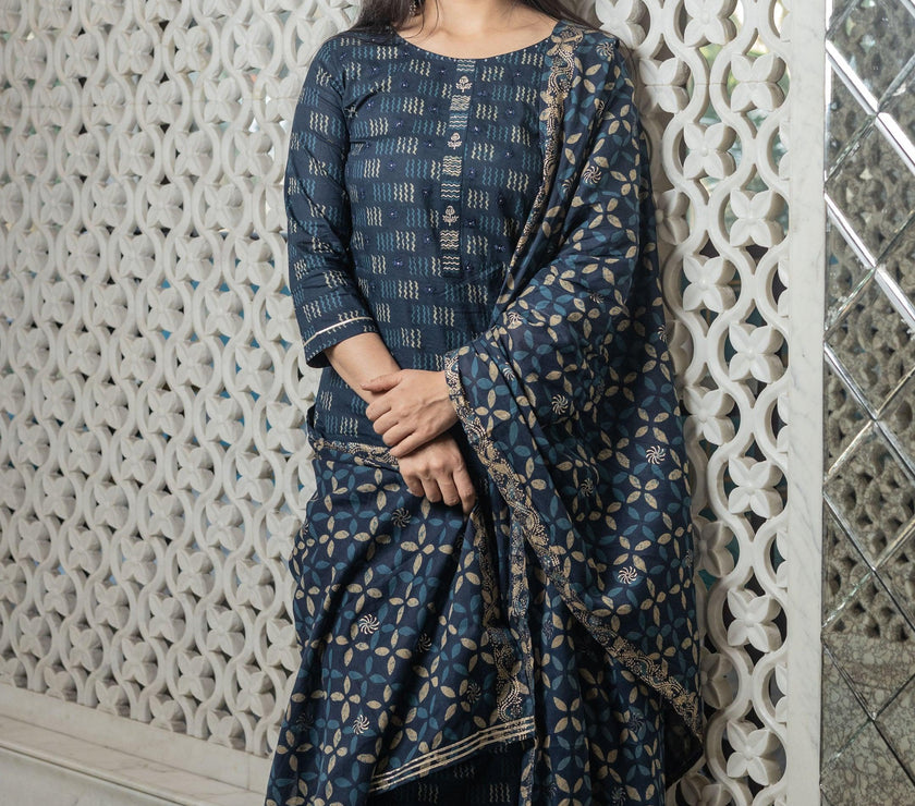 Divena Indigo Kurta Set With Palazzo and Dupatta - divenaworld.com