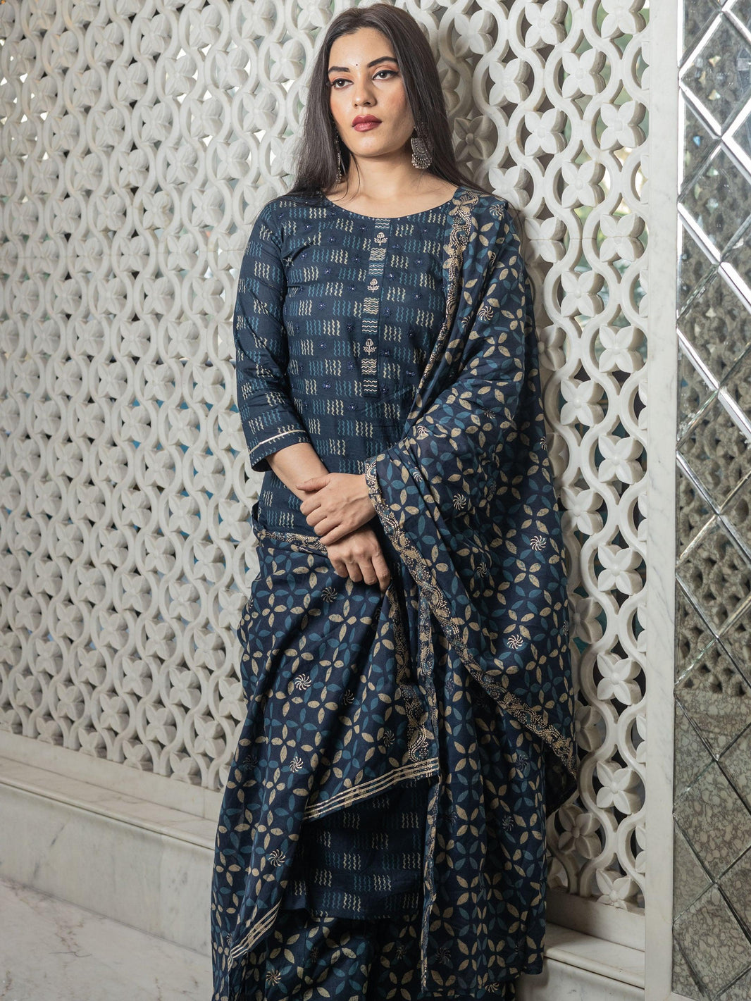 Divena Indigo Kurta Set With Palazzo and Dupatta - divenaworld.com