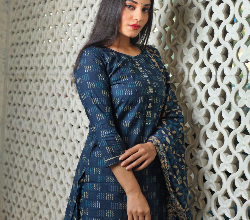 Divena Indigo Kurta Set With Palazzo and Dupatta - divenaworld.com