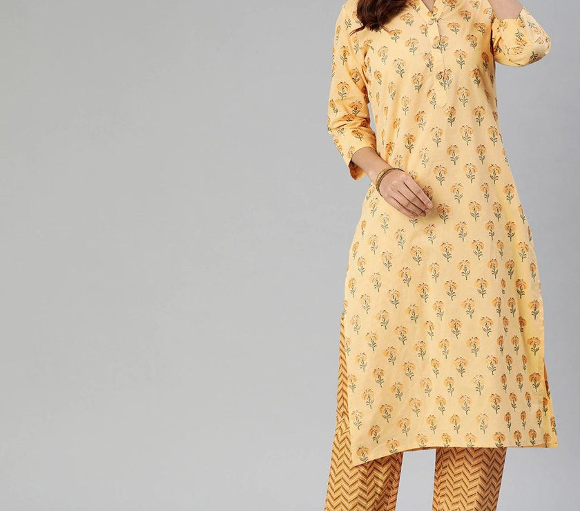 Divena Yellow Flower Print Cotton Kurta Set - divena world