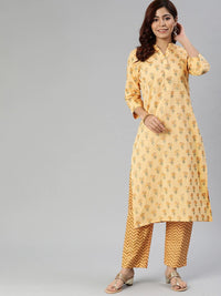 Divena Yellow Flower Print Cotton Kurta Set - divena world