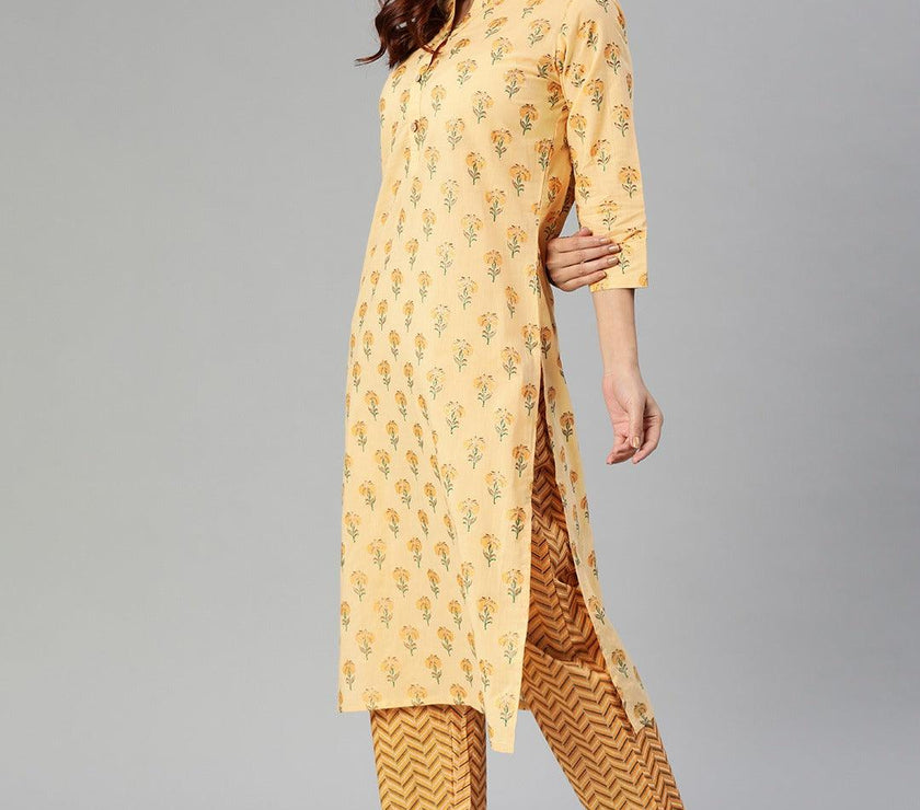 Divena Yellow Flower Print Cotton Kurta Set - divena world