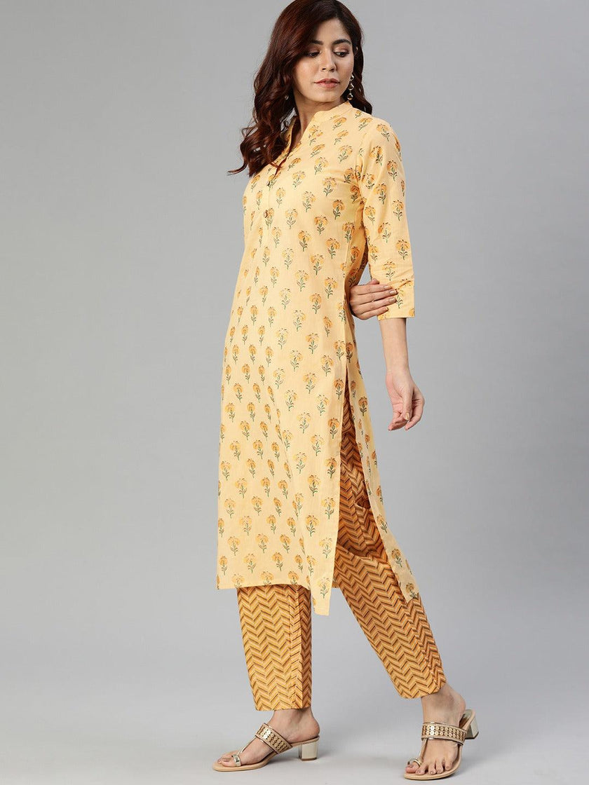 Divena Yellow Flower Print Cotton Kurta Set - divena world