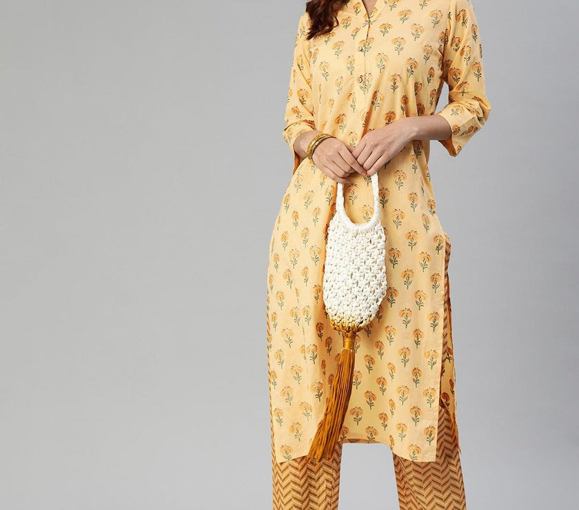 Divena Yellow Flower Print Cotton Kurta Set - divena world