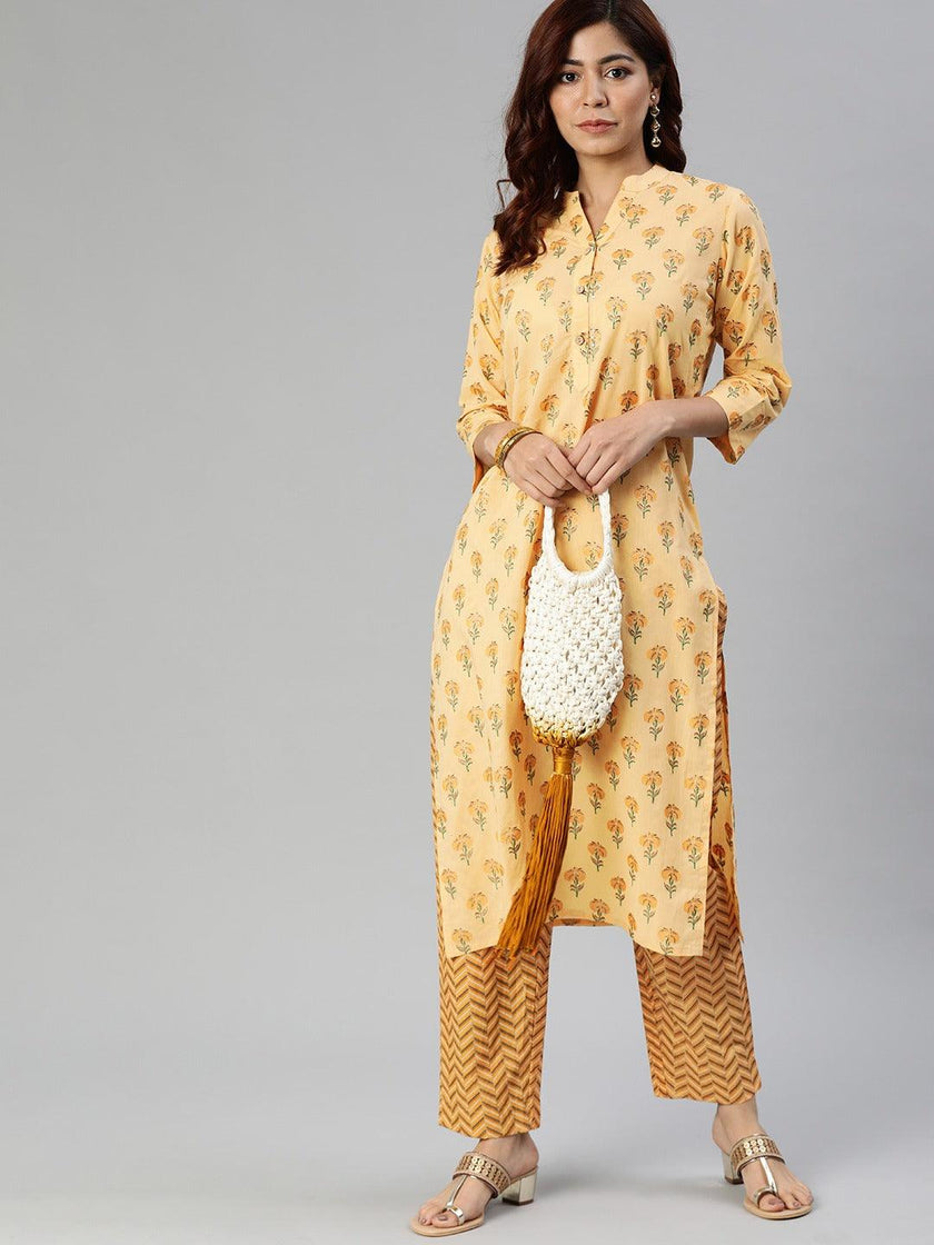 Divena Yellow Flower Print Cotton Kurta Set - divena world