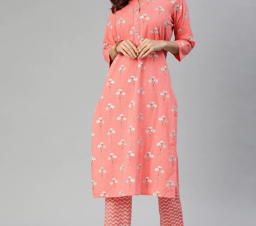 Divena Pink Flower Print Cotton Kurta Set - divena world