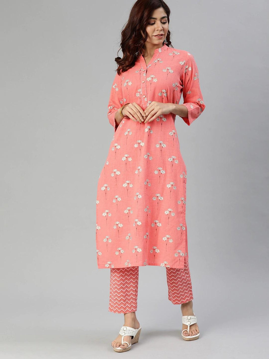 Divena Pink Flower Print Cotton Kurta Set - divena world