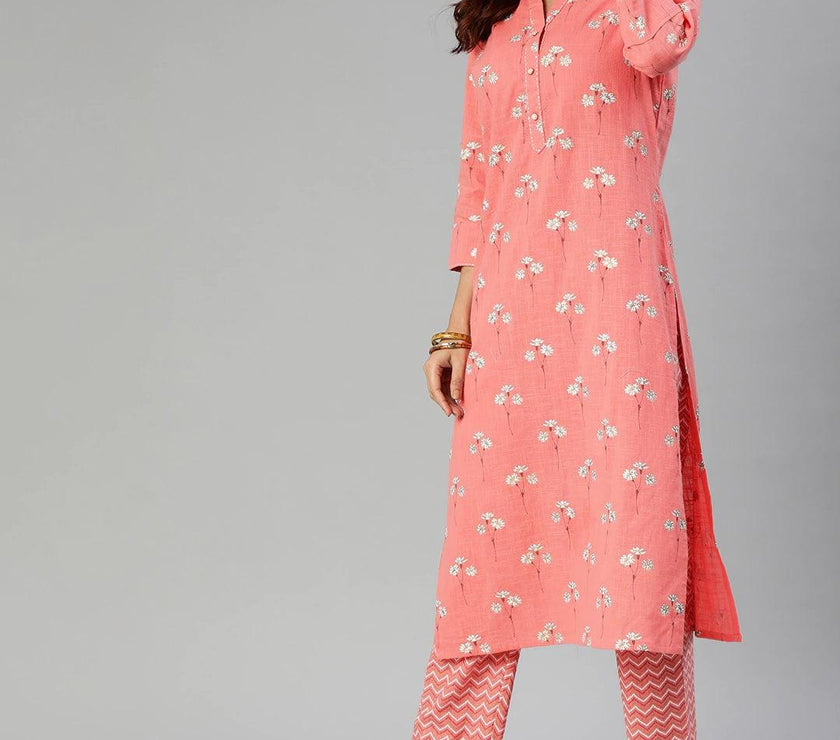 Divena Pink Flower Print Cotton Kurta Set - divena world