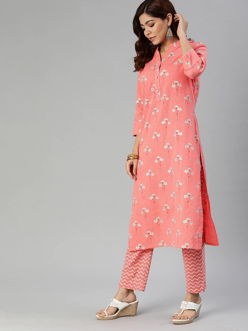 Divena Pink Flower Print Cotton Kurta Set - divena world