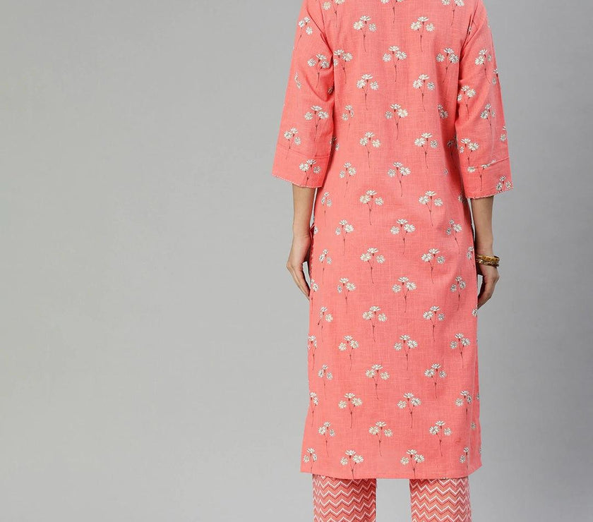 Divena Pink Flower Print Cotton Kurta Set - divena world