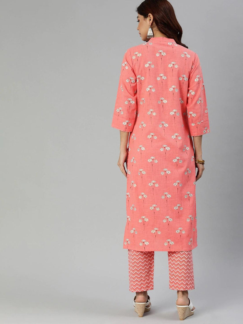 Divena Pink Flower Print Cotton Kurta Set - divena world