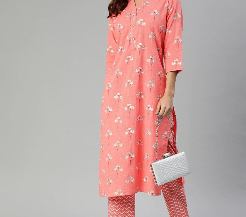 Divena Pink Flower Print Cotton Kurta Set - divena world