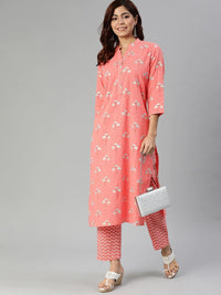 Divena Pink Flower Print Cotton Kurta Set - divena world