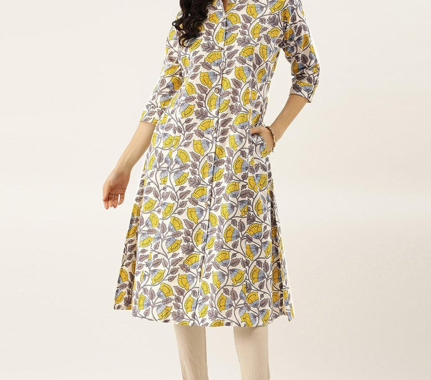 Divena White Printed Cotton Kurta - divena world